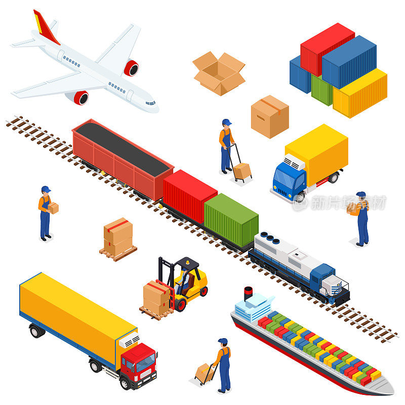 等距物流构成不同的运输配送车辆、配送要素。航空货运、铁路运输、海运。3 d演示。
